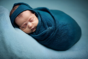 newborn baby in a blue blanket sleeping on a pastel blue background - obrazy, fototapety, plakaty