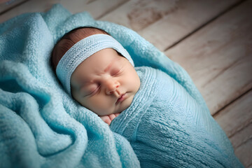newborn baby in a blue blanket sleeping on a wooden background