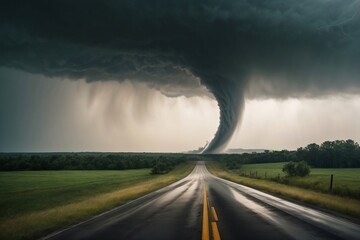 A realistic, ultra HD depiction of a tornado swirling menacingly over a deserted road