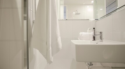 Obraz na płótnie Canvas Clean and Minimal Bathroom with White Towel on Chrome Rack