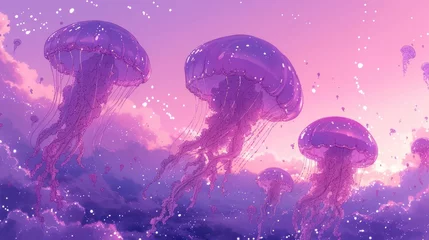 Zelfklevend Fotobehang a group of jellyfish floating on top of a blue and purple ocean under a cloudy blue and pink sky. © Shanti