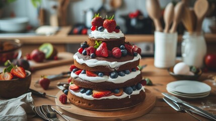 chocolate cake with whipped cream and fruits, generative ai
