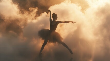 A whimsical ballerina twirls amidst the misty clouds, gracefully pirouetting through the open air