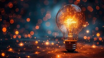 a glowing light bulb sitting on top of a table next to a blurry background of orange and blue lights.