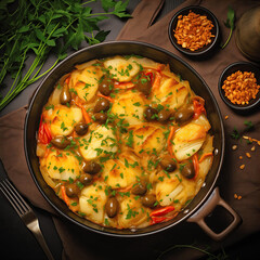 A top view of delicious Bacalao Al Pil Pil, a traditional Basque dish. Garnished with herbs and placed on a bed of sliced potatoes in a rustic pan