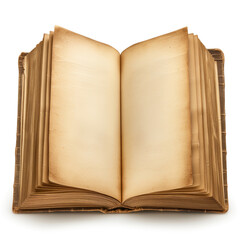 An open, aged book with blank yellowish pages and a textured, weathered spine, isolated on a white background.