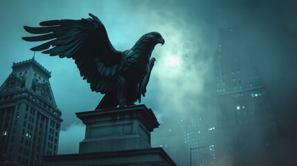 The majestic eagle statue stands tall on its pedestal, its piercing gaze fixed upon the foggy city skyline, symbolizing freedom and strength in the midst of urban chaos - Powered by Adobe