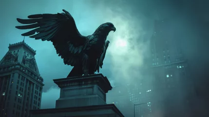  The majestic eagle statue stands tall on its pedestal, its piercing gaze fixed upon the foggy city skyline, symbolizing freedom and strength in the midst of urban chaos © ChaoticMind