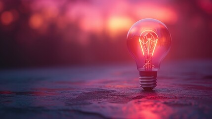 a light bulb sitting on top of a table in front of a pink and purple sky with trees in the background.