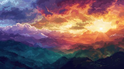 sky and clouds over mountain range and sunset, in the style of colorful realism, rich color palette, landscape realism, frostpunk, colorful drawings, colorful pixel-art, precisionist art 
