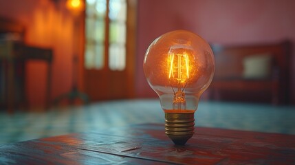 a light bulb sitting on top of a wooden table next to a mirror in a room with a red wall. - obrazy, fototapety, plakaty