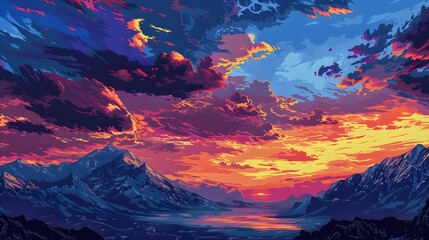 Obraz premium sky and clouds over mountain range and sunset, in the style of colorful realism, rich color palette, landscape realism, frostpunk, colorful drawings, colorful pixel-art, precisionist art 