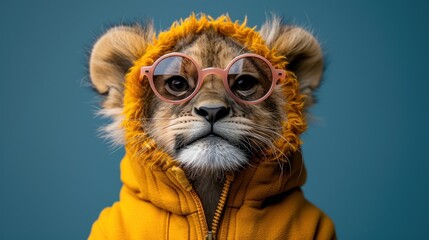 a cheetah wearing a yellow jacket and pink glasses with a hoodie on it's head and a blue background. - obrazy, fototapety, plakaty