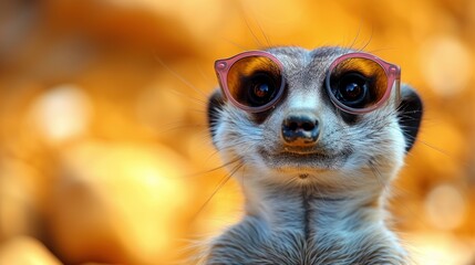 a close - up of a meerkat wearing sunglasses and looking at the camera with a blurry background.