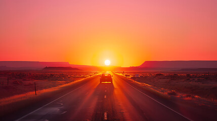 A captivating scene of a car driving into the sunset against a stunning landscape backdrop