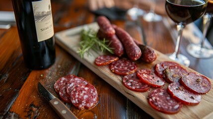 plate of salami with pepperoni, served on a board, with a bottle of wine next to it generative ai
