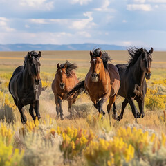 Wild Horses Galloping in a Vibrant Meadow