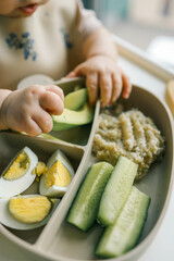 first blw baby food, little baby eating organic vegetables with BLW method. Infant eating healthy food. self feeding