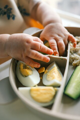 first blw baby food, little baby eating organic vegetables with BLW method. Infant eating healthy food. self feeding