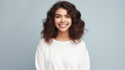 Happy girl in white pullover looking at camera with smile