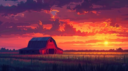 As the sun sets over the rural landscape, a red barn stands tall among the fields, its silhouette contrasted against the afterglow of the sky, while clouds float lazily above and the grass sways gent - obrazy, fototapety, plakaty