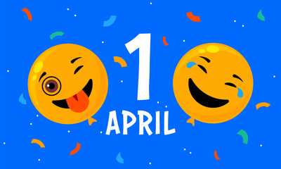 Happy April Fool's day. Yellow background with smiling balloons. Positive emotions