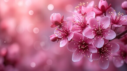 a close up of a bunch of pink flowers on a branch with boke of light in the back ground.