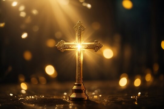 A amazing  golden cross shining brilliantly against a backdrop of soft, ethereal bokeh, capturing the essence of divine light.