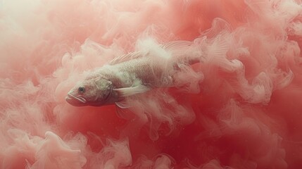 a fish floating in a body of water surrounded by red and white smoke and water vapors on a red background. - obrazy, fototapety, plakaty