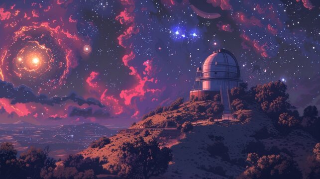 A celestial staircase rises to a heavenly structure perched atop a majestic hill, inviting us to ascend and explore the wonders of the night sky and the vast mysteries of the universe beyond