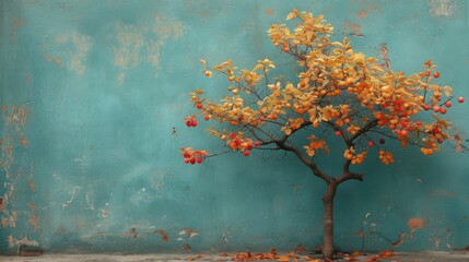 a small tree with yellow leaves in front of a blue wall with peeling paint peeling paint on the walls and peeling paint on the walls.