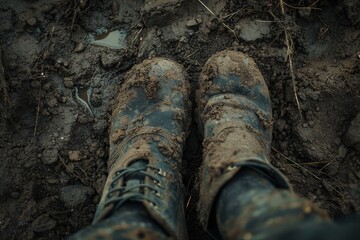 Fototapeta premium Person Standing in Dirt With Muddy Shoes