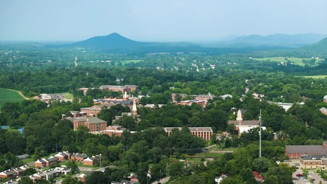 Berea College campus in Berea, Kentucky. Aerial view of historical buildings. American public education and research