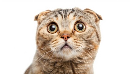 Portrait of a surprised cat Scottish Straight, closeup, isolated on white background - obrazy, fototapety, plakaty