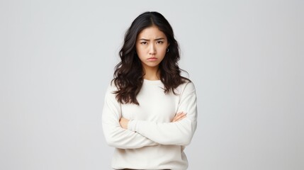 Portrait of an upset unsatisfied asian woman standing with arms folded and looking away isolated over white background - obrazy, fototapety, plakaty