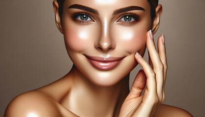 A close-up of a woman with a radiant complexion, she lightly touches her face, highlighting her smooth, glowing skin. The image captures the texture and radiance of her skin.