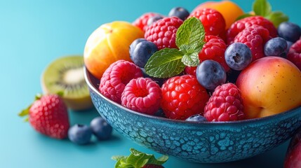 a bowl of berries, kiwis, oranges, raspberries, and kiwis on a blue background.