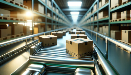 Conveyor belts in a warehouse where a variety of packaged goods in cardboard boxes are in transit. Belt operation when moving products intended for delivery. A warehouse environment filled with shelve - obrazy, fototapety, plakaty