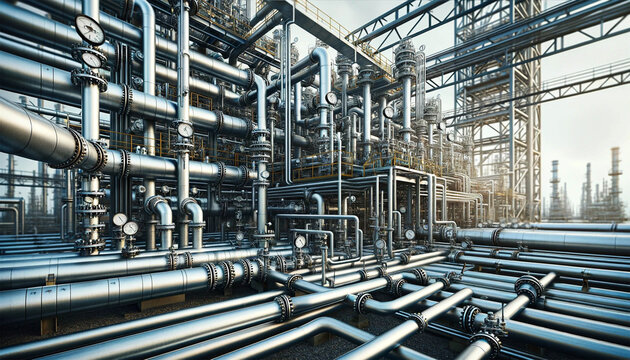 A complex network of pipelines and pipe racks in an oil or chemical industrial plant. A complex arrangement of metal pipes, valves and pressure gauges that emphasizes engineering precision.