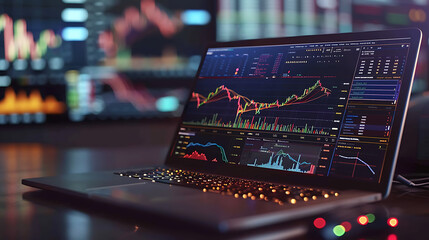 A dynamic scene of trading activity depicted on a laptop screen - obrazy, fototapety, plakaty