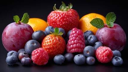 a pile of fruit sitting next to each other on top of a black table covered in watermelon, blueberries, raspberries, and oranges.