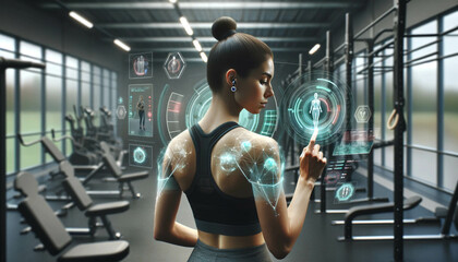 A female athlete uses an advanced artificial intelligence fitness app in the gym. The app displays holographic exercise predictions and biomechanical analysis.