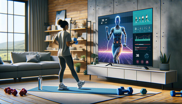Image of an athlete at home using an artificial intelligence fitness app on her smart TV. The app provides a virtual personal trainer demonstrating the exercises and offering form feedback via the scr