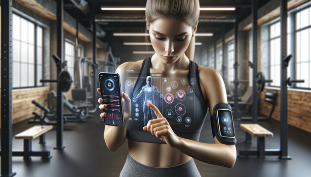 Close-up image of a focused female athlete in the gym interacting with an advanced artificial intelligence fitness app. The app displays a dynamic, personalized training program with real-time feedbac