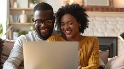 Smiling satisfied couple buying online with credit card at home