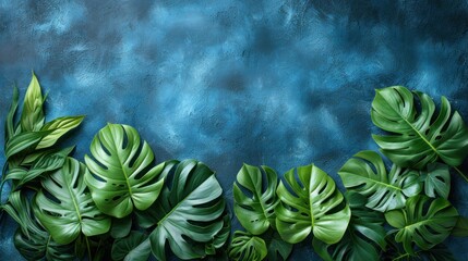 a painting of green leaves on a blue background with a blue sky in the backgrounnd of the image.