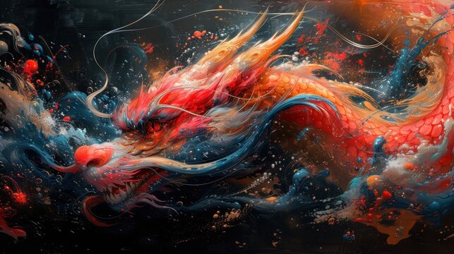 a painting of a red and blue dragon with water splashes on it's body and wings, on a black background.