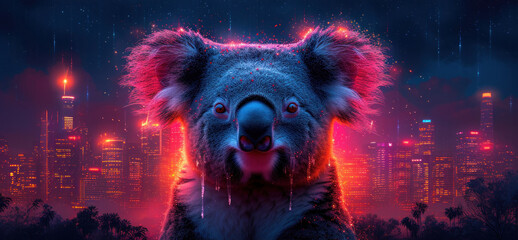 a digital painting of a koala bear in front of a cityscape with the lights of the city in the background. - obrazy, fototapety, plakaty