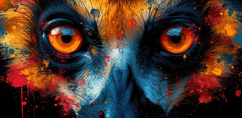 a painting of a tiger's face with orange and blue paint splatters on it's face.
