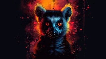 a close up of a animal on a black background with red and blue paint splattered on it's face.